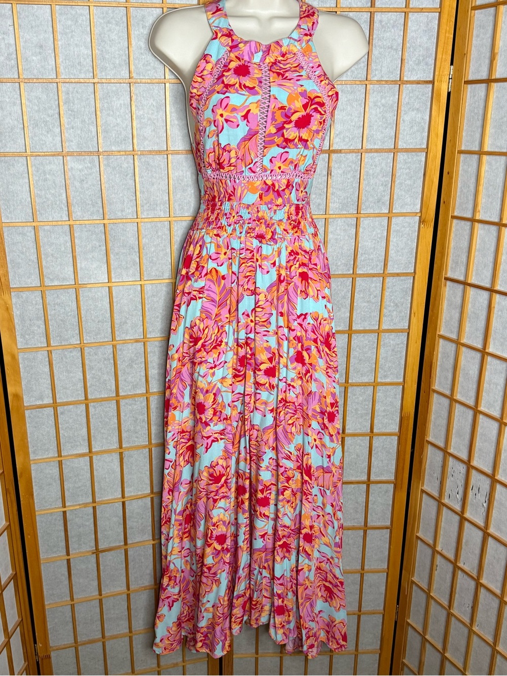 Floral Halter Maxi Dress in Pink & Turquoise